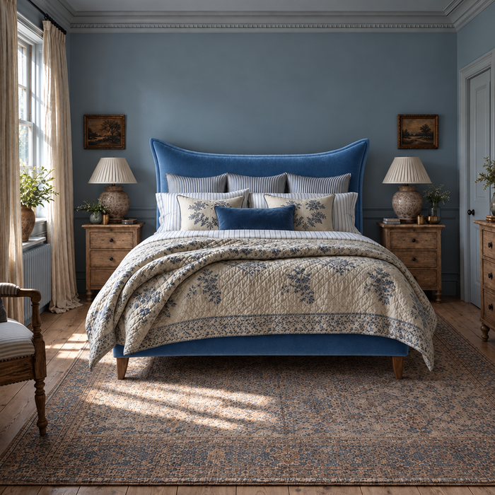 Berkley Pillow Back 5'0 King bed frame in Velvet Azure on 15cm legs