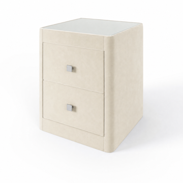 Richmond upholstered bedside table in Velvet Cream with glass top and two drawers
