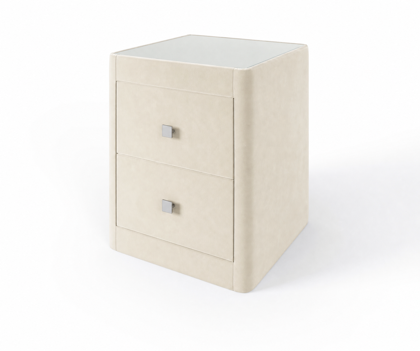 Richmond upholstered bedside table in Velvet Cream with glass top and two drawers