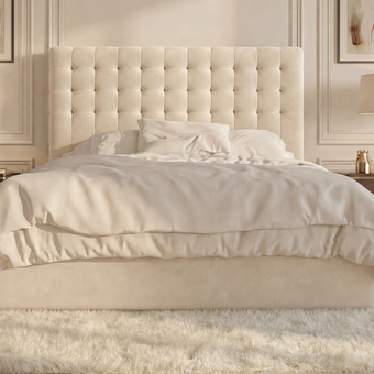 Darling bed in Velvet Cream, 4'6 Double size, front view of the cube-stitched headboard