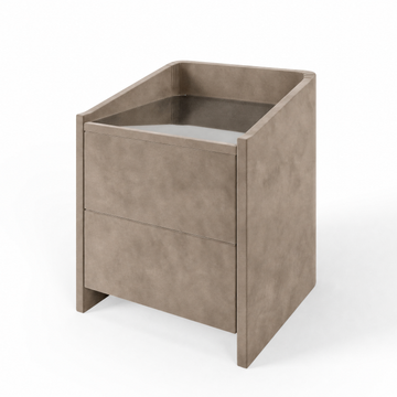 Lydie upholstered bedside table in Marble Mink with glass top and two drawers
