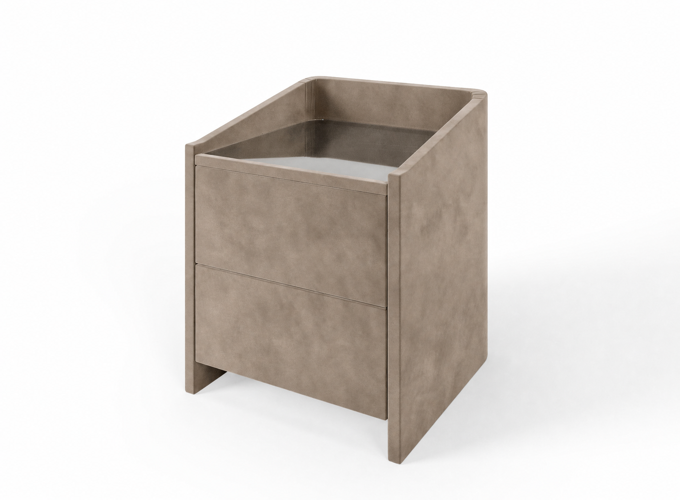 Lydie upholstered bedside table in Marble Mink with glass top and two drawers