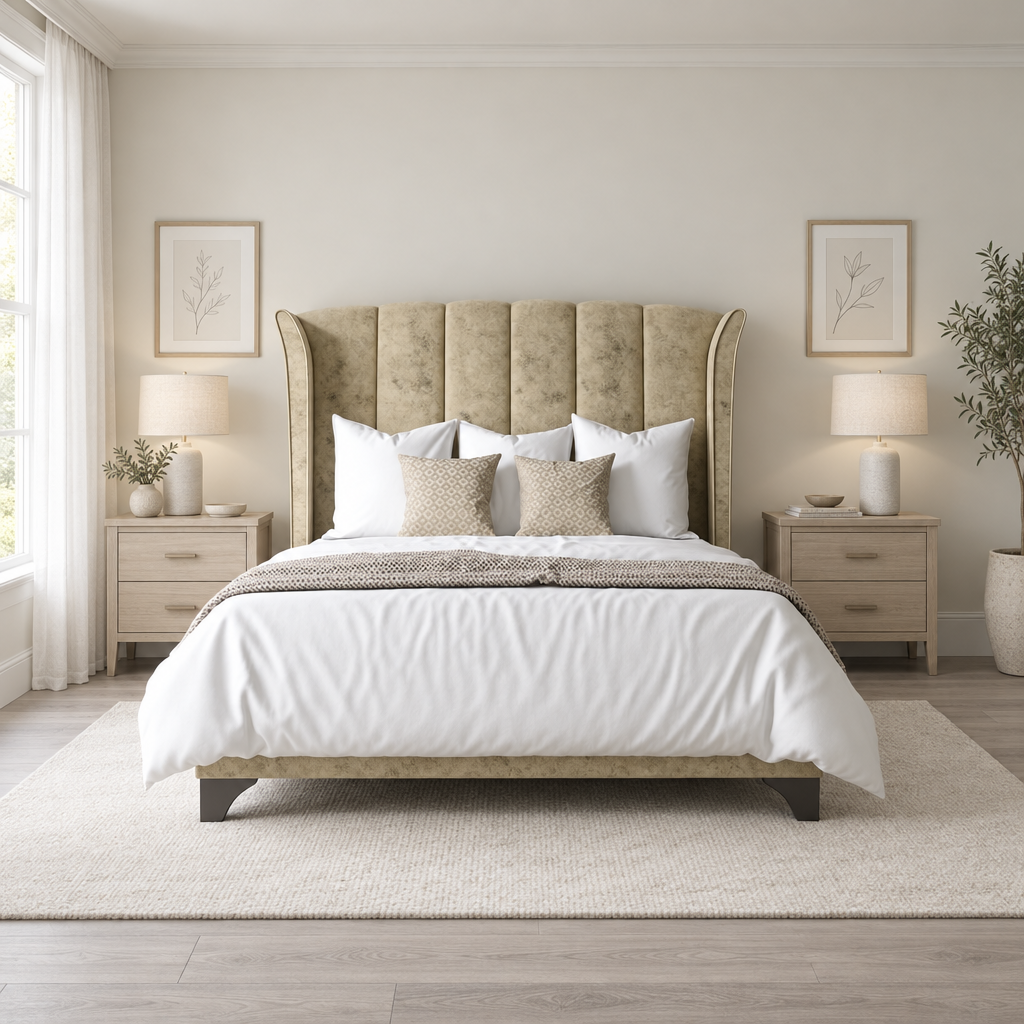 Aria 4'6 Double Ottoman Storage Bed in Marble Sand, Quick Ship, in a bright neutral bedroom