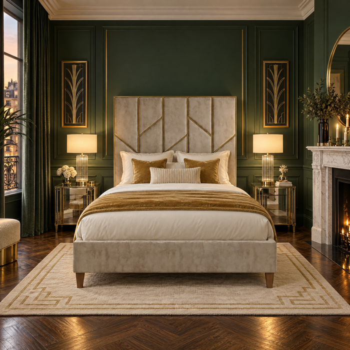 Chelsea 6'0 Super King Bed Frame in Infinity Pearl with brass Art Deco trim, in a forest green bedroom
