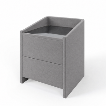 Lydie upholstered bedside table in Grey with glass top and two drawers