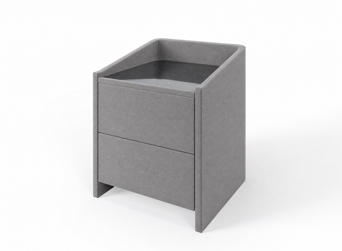 Lydie upholstered bedside table in Grey with glass top and two drawers