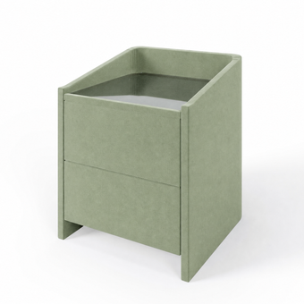Lydie upholstered bedside table in Aston Sage with glass top and two drawers