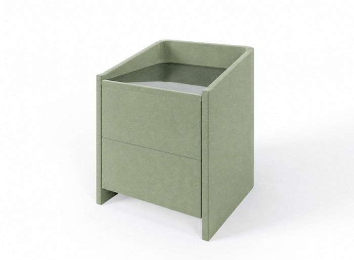 Lydie upholstered bedside table in Aston Sage with glass top and two drawers
