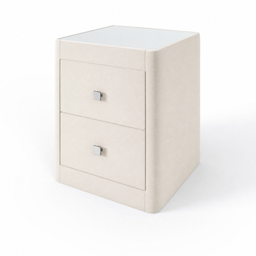 Richmond upholstered bedside table in Pearl with glass top and two drawers
