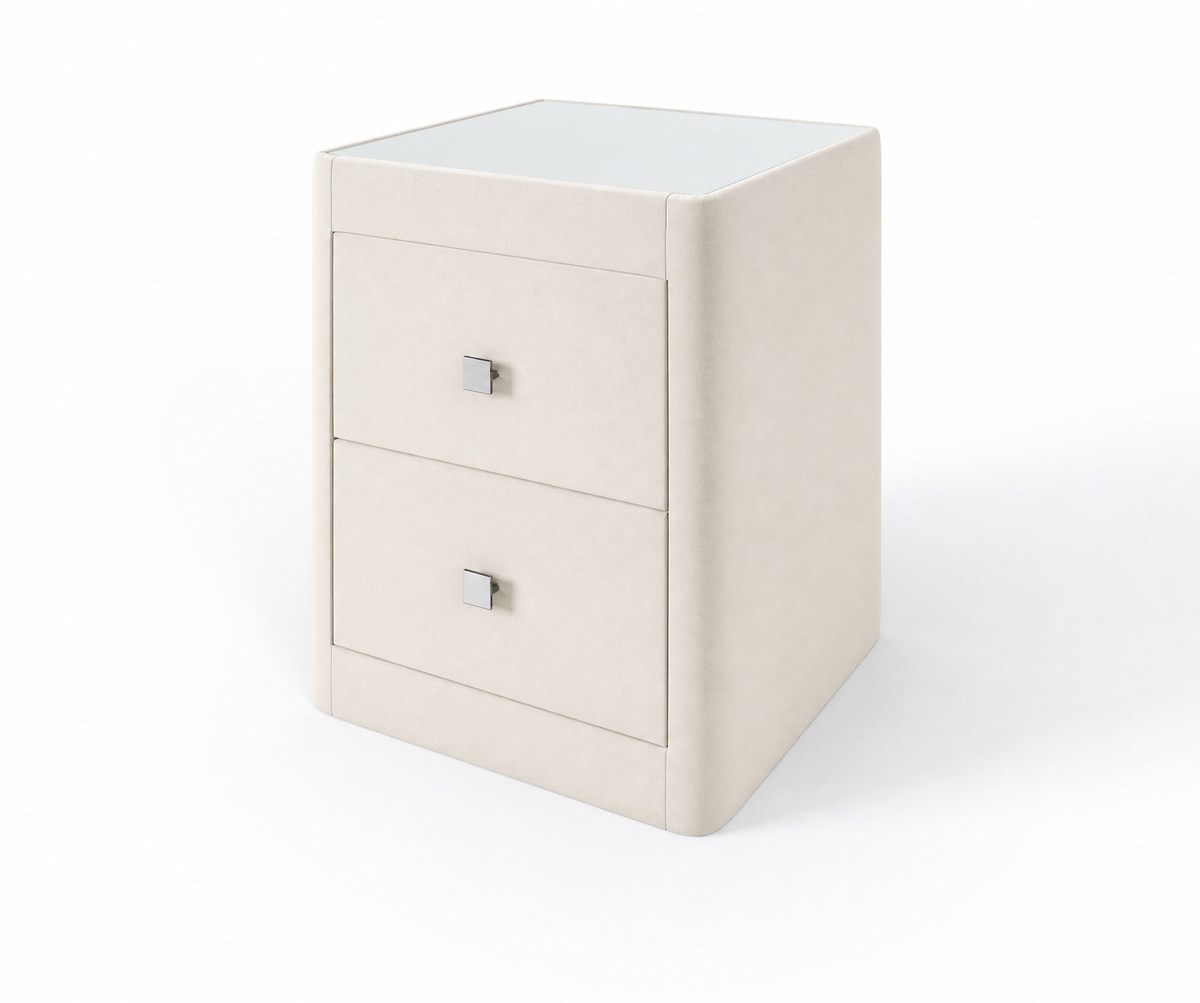 Richmond upholstered bedside table in Pearl with glass top and two drawers