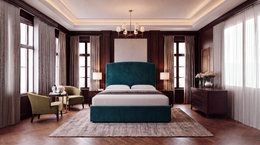 Dreamer manual ottoman storage bed in King 5'0, upholstered in Velvet Peacock teal velvet, base flush to the floor, front view