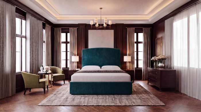 Dreamer manual ottoman storage bed in King 5'0, upholstered in Velvet Peacock teal velvet, base flush to the floor, front view