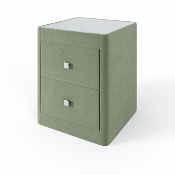 Richmond upholstered bedside table in Aston Sage with glass top and two drawers