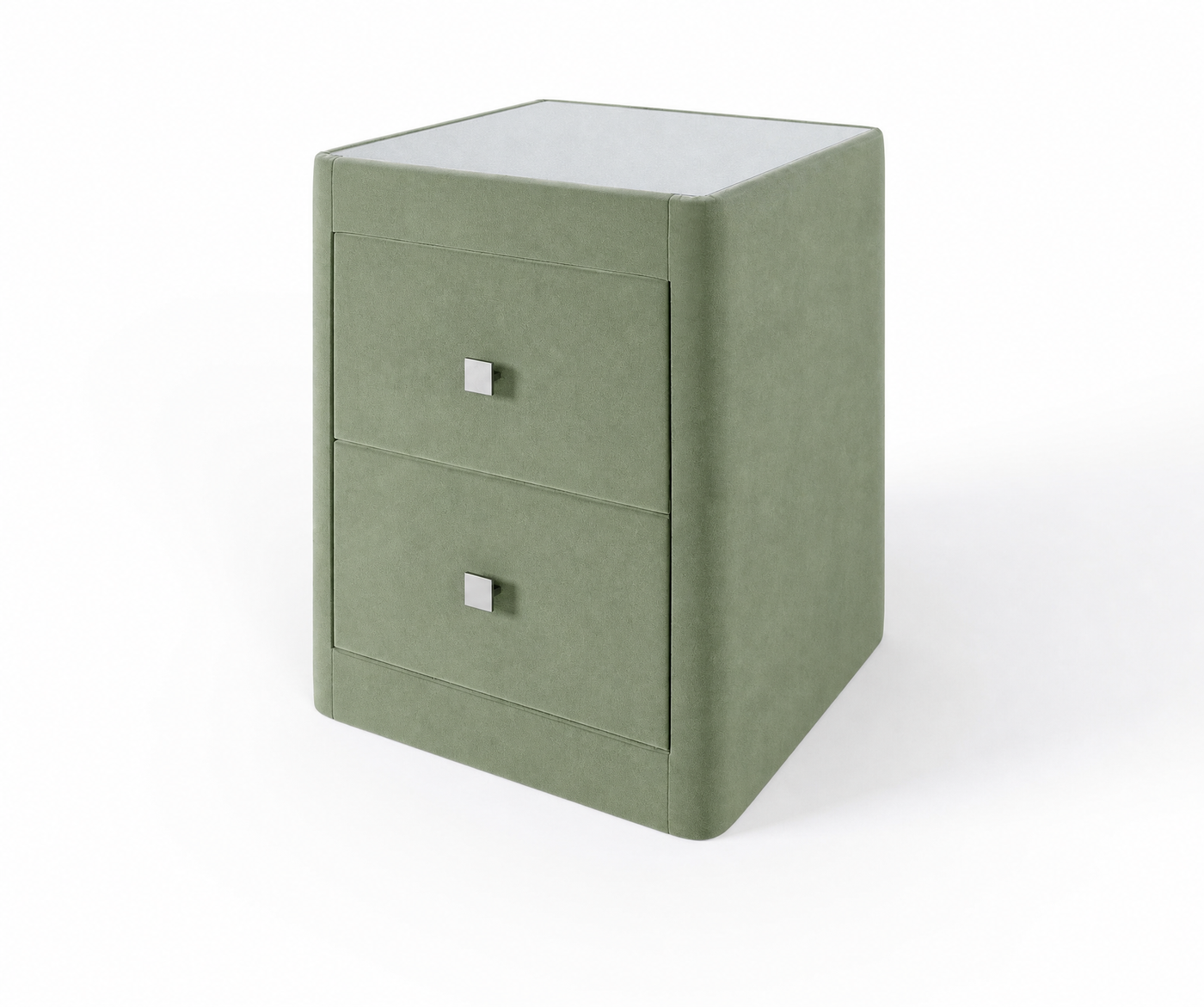 Richmond upholstered bedside table in Aston Sage with glass top and two drawers