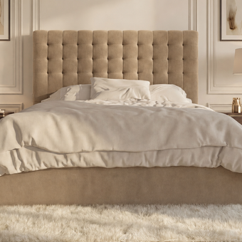 Darling bed in Velvet Mika, 5'0 King size, front view of the cube-stitched headboard above the ottoman base
