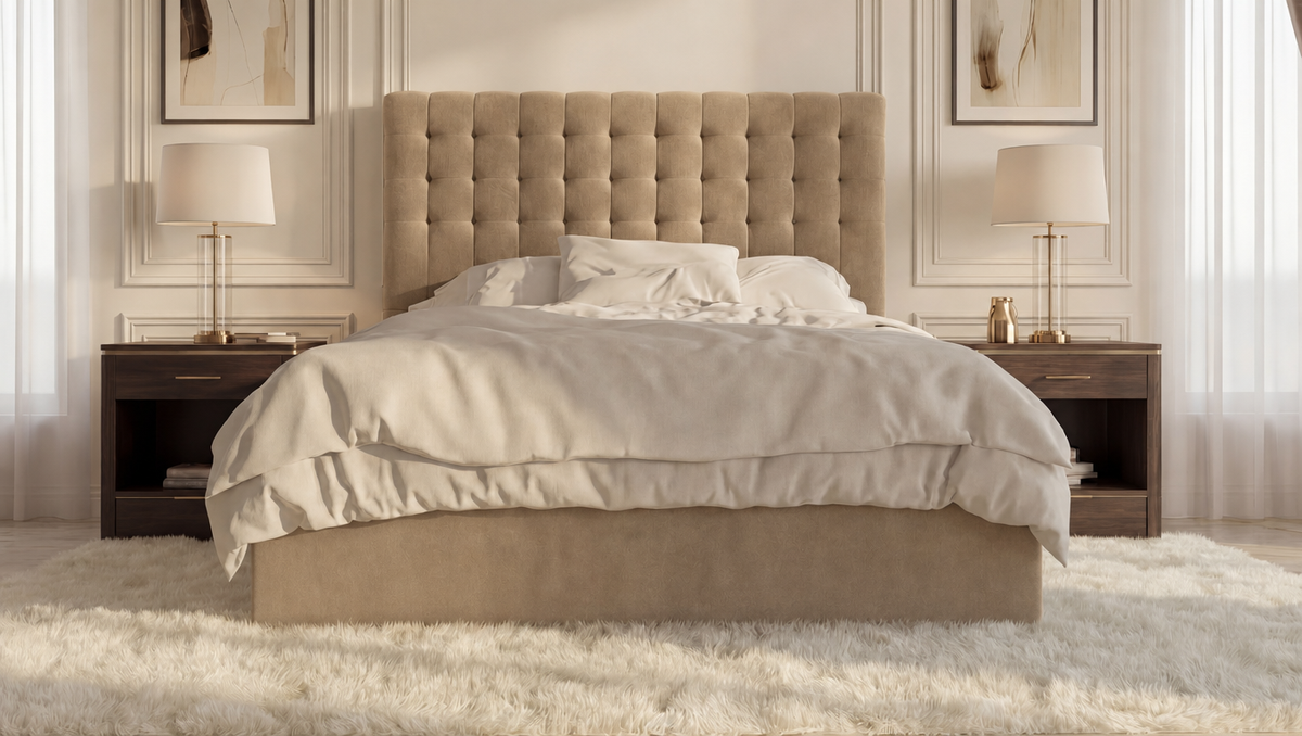 Darling bed in Velvet Mika, 5'0 King size, front view of the cube-stitched headboard above the ottoman base