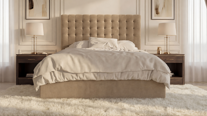 Darling bed in Velvet Mika, 5'0 King size, front view of the cube-stitched headboard above the ottoman base