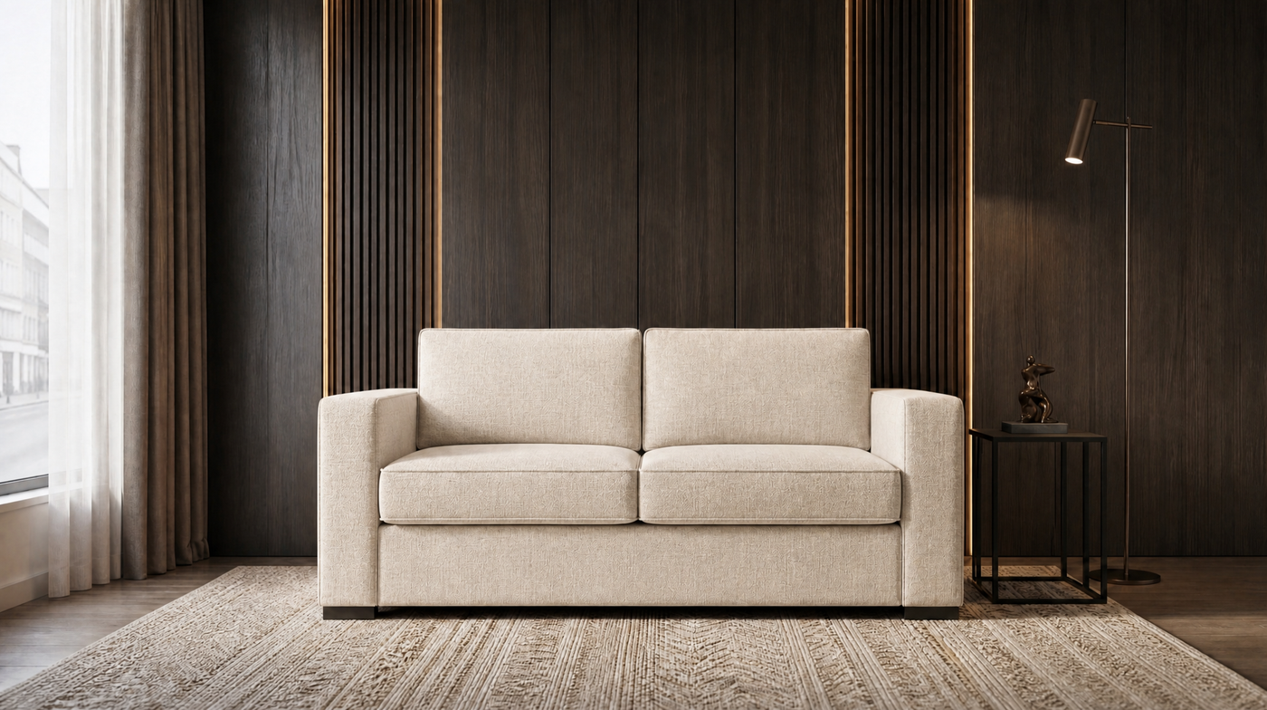 Emma 2 seater 140cm sofa bed upholstered in cream weave