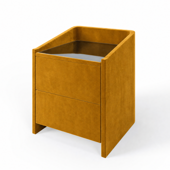 Lydie upholstered bedside table in Velvet Mustard with glass top and two drawers