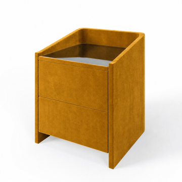 Lydie upholstered bedside table in Velvet Mustard with glass top and two drawers