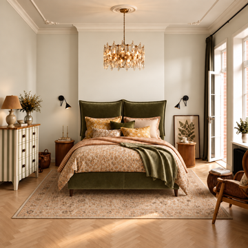 Cambridgeshire Super King 6'0 bed in Velvet Olive with sprung platform base on walnut legs, by The Sleep Co