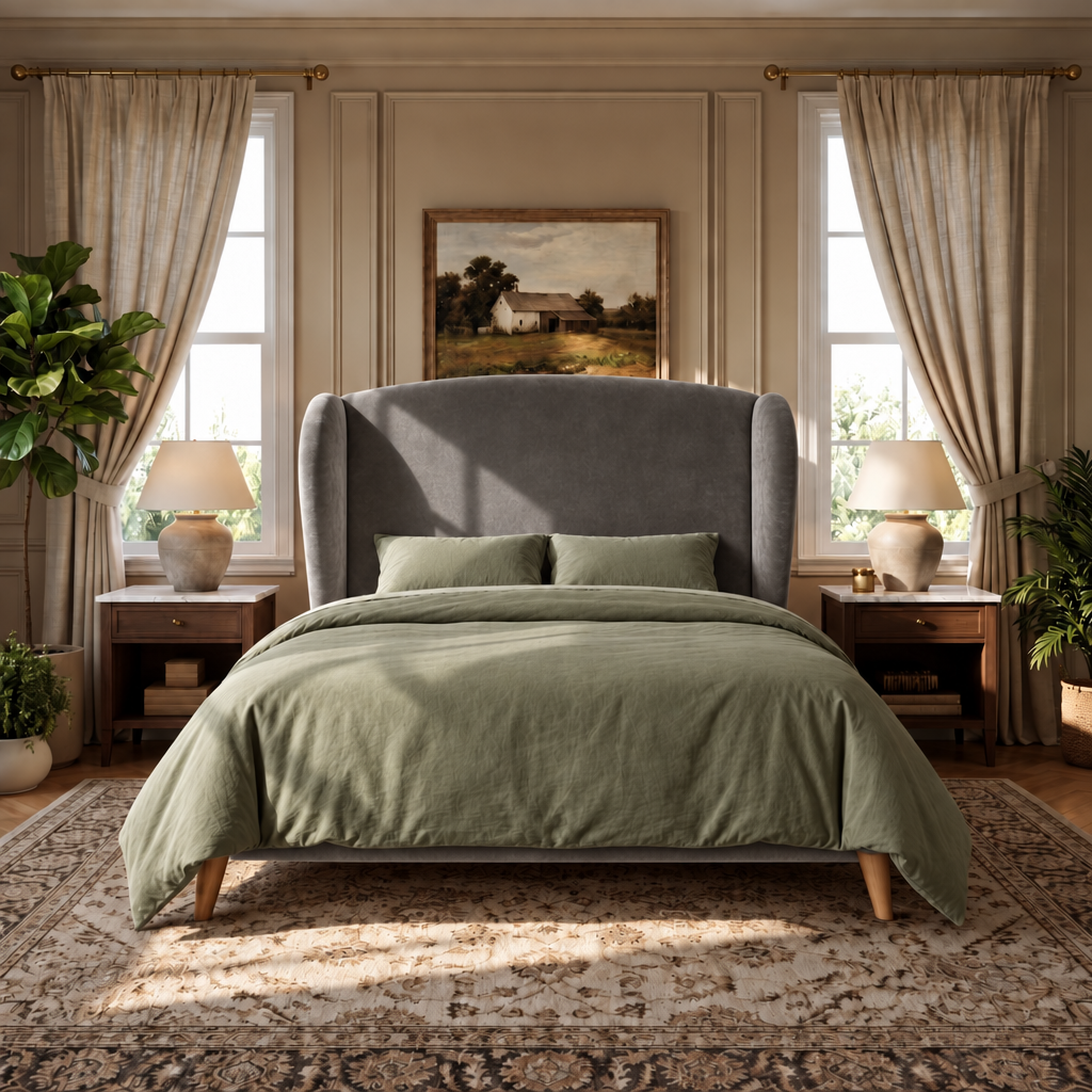 Durham King bed frame in Clearance Grey Plush
