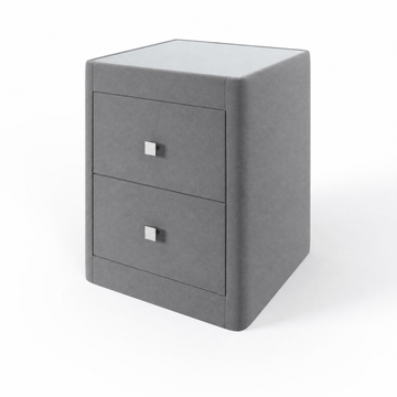 Richmond upholstered bedside table in Infinity Grey with glass top and two drawers