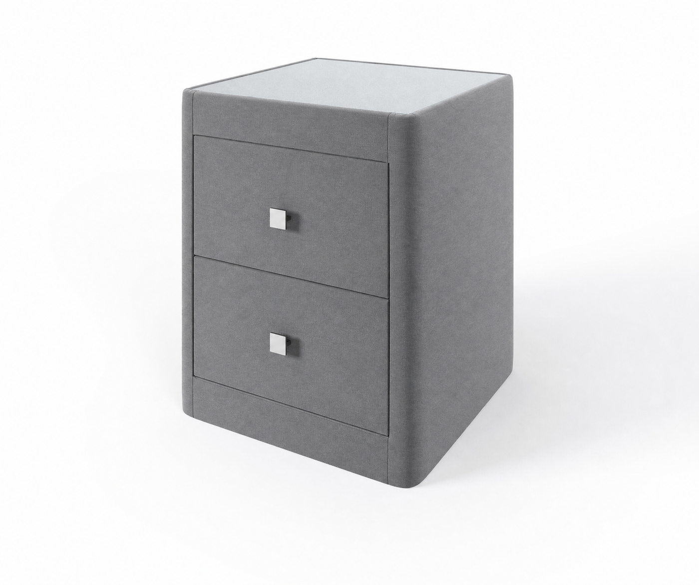 Richmond upholstered bedside table in Infinity Grey with glass top and two drawers