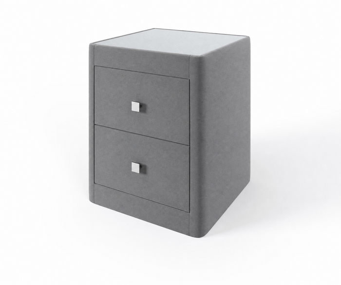Richmond upholstered bedside table in Infinity Grey with glass top and two drawers