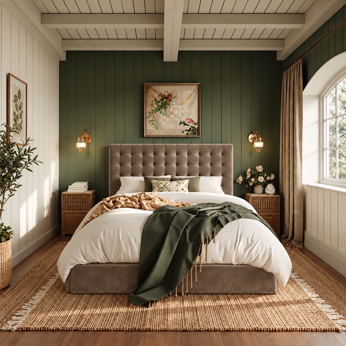 Darling bed in Velvet Mika, 5'0 King ottoman storage base, cube-buttoned headboard in a green panelled bedroom