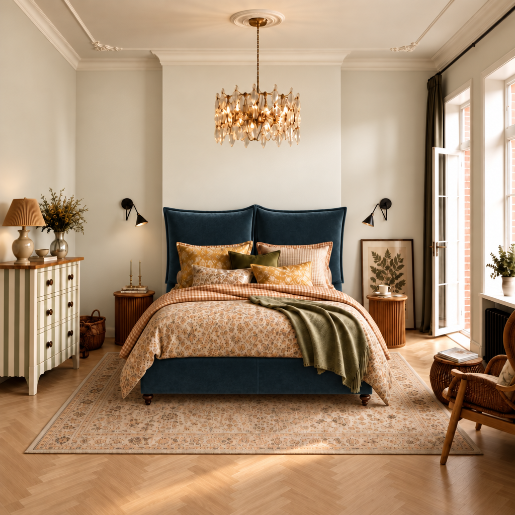 Cambridgeshire Super King bed frame in Velvet Azure on walnut turned legs