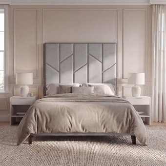 Chelsea 5'0 King bed frame in light grey with silver zigzag trim and walnut legs, front view