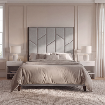 Chelsea 5'0 King bed frame in light grey with silver zigzag trim and walnut legs, front view