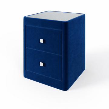 Richmond upholstered bedside table in Velvet Blue with glass top and two drawers