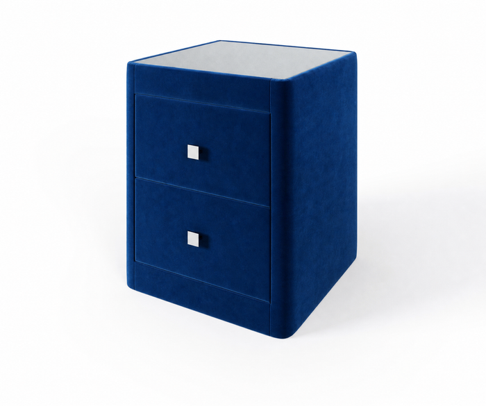 Richmond upholstered bedside table in Velvet Blue with glass top and two drawers