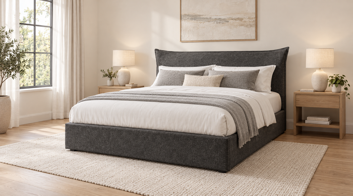 Berkley Pillow Back 5'0 King Ottoman Storage Bed in Infinity Grey, Quick Ship, closed, in a calm modern bedroom